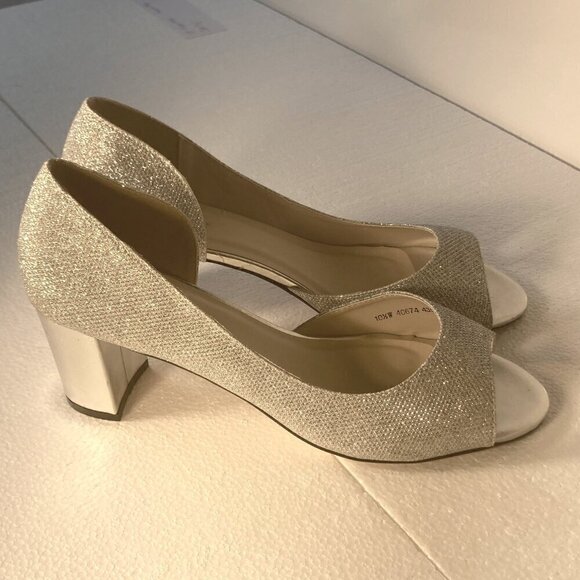 Benjamin Walk SZ 10.5 W Joy Silver Glitter Slip on Peep Toe Block Heel Pump - Picture 7 of 13